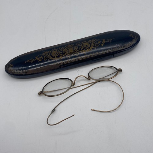 508 - STEEL FRAMED SPECTACLES IN PAPIER MACHE MOTHER OF PEARL INLAID CASES AND A SIMILAR CASE