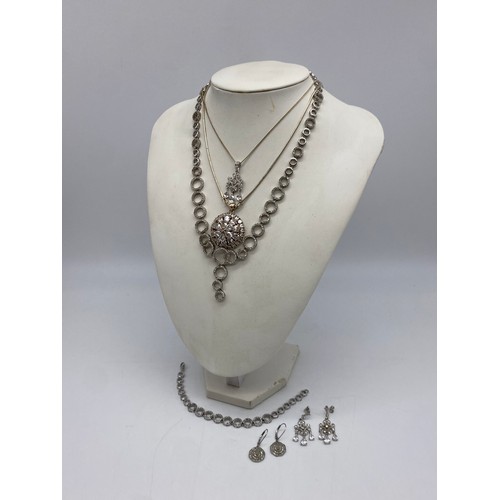 513 - SILVER BOX CHAIN WITH DIAMANTE CLUSTER PENDANT, DROPPER EARRINGS AND OTHER CHAIN AND NECKLACE SETS 2... 