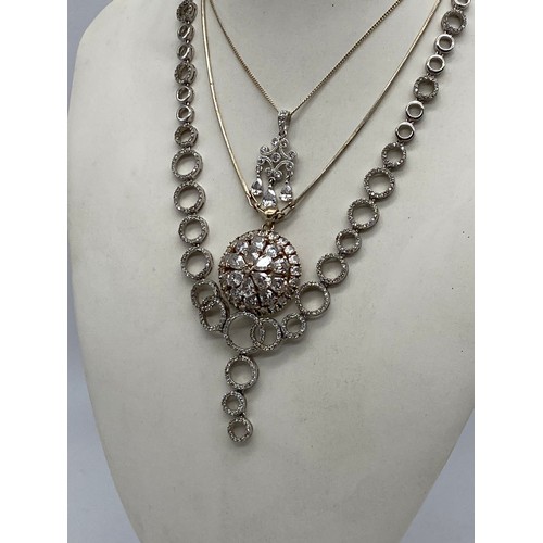 513 - SILVER BOX CHAIN WITH DIAMANTE CLUSTER PENDANT, DROPPER EARRINGS AND OTHER CHAIN AND NECKLACE SETS 2... 