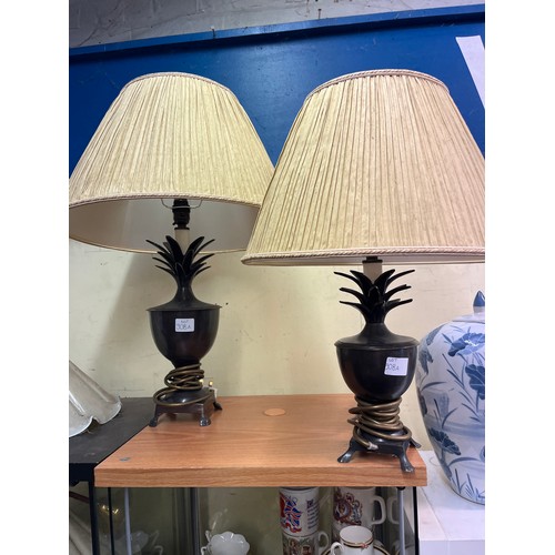 308A - TWO BRONZED PINEAPPLE FINIAL TABLE LAMPS WITH PLEATED SHADES