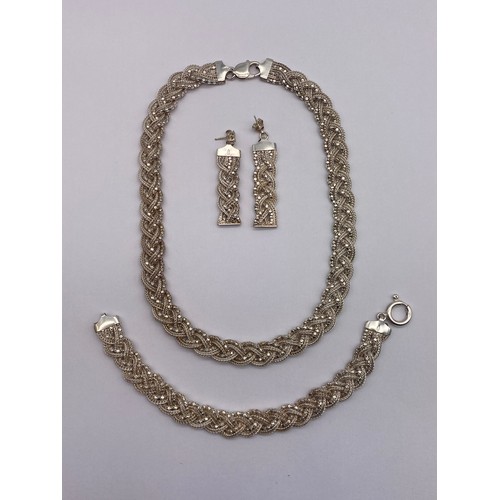 512 - SILVER TWO STRAND INTERTWINED BRACELET, NECKLACE AND DROPPER EARRING SET 2OZ OVERALL APPROX