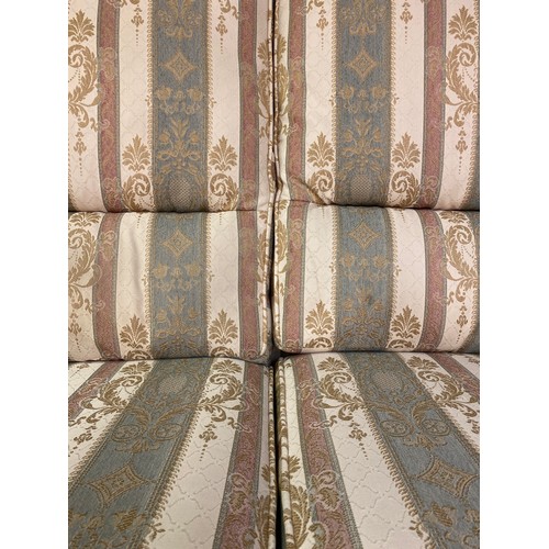 35 - GOOD QUALITY REGENCY STRIPED ACANTHUS LEAF TWO SEATER SOFA AND PAIR OF ARMCHAIRS