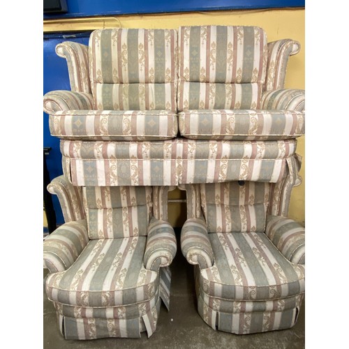 35 - GOOD QUALITY REGENCY STRIPED ACANTHUS LEAF TWO SEATER SOFA AND PAIR OF ARMCHAIRS