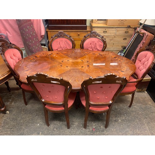 51 - REPRODUCTION WALNUT MARQUETRY ITALIAN DINING TABLE AND SIX CARVED UPHOLSTERED CHAIRS