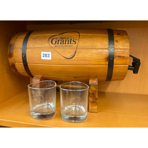 283 - GRANTS SCOTCH WHISKEY BARREL ON STAND WITH PAIR OF ACCOMPANYING TUMBLERS