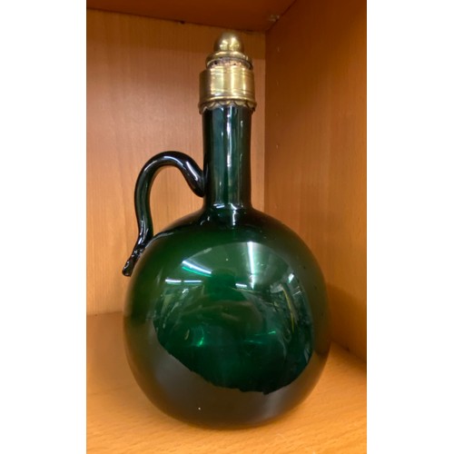 284 - 19TH CENTURY COPPER JELLY/PATE MOULD, AND GREEN GLASS CLARET JUG