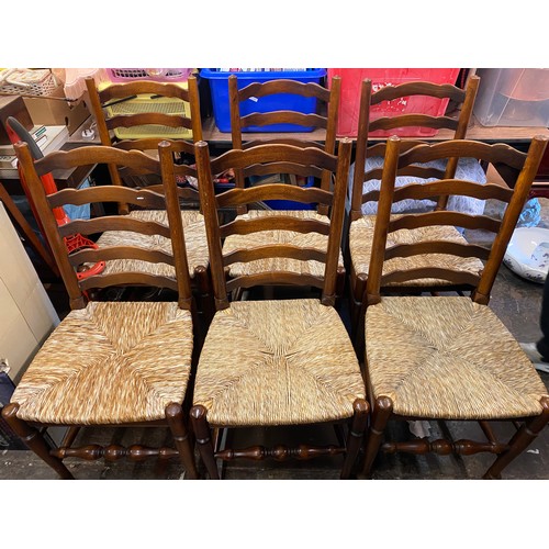 71 - SET OF SIX ELM RUSH SEATED LADDER BACK DINING CHAIRS