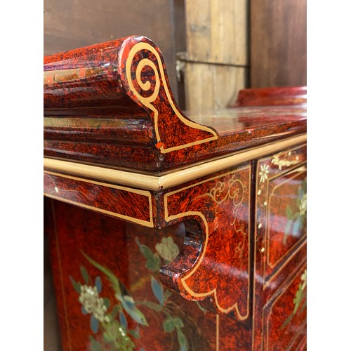 112 - REPRODUCTION CHINESE RED LAQUER AND GILDED THREE DRAWER CHEST