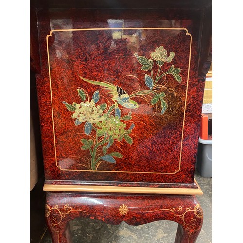 112 - REPRODUCTION CHINESE RED LAQUER AND GILDED THREE DRAWER CHEST