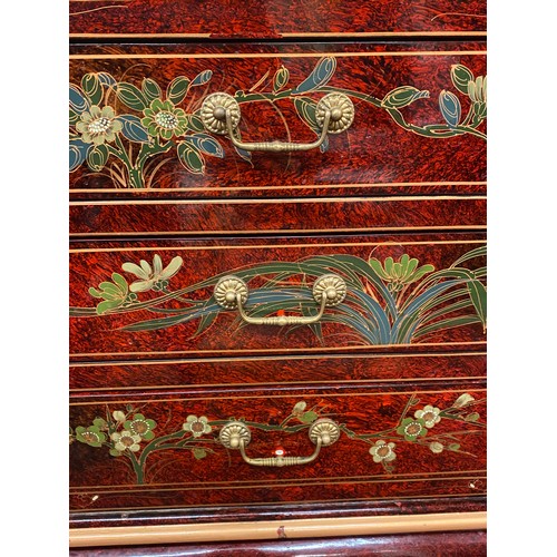 112 - REPRODUCTION CHINESE RED LAQUER AND GILDED THREE DRAWER CHEST