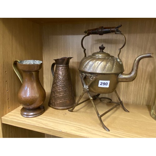 290 - ARTS AND CRAFTS BRASS SPIRIT KETTLE ON STAND, BEATEN COPPER BALUSTER JUG AND TAPERED SCALE EFFECT JU... 