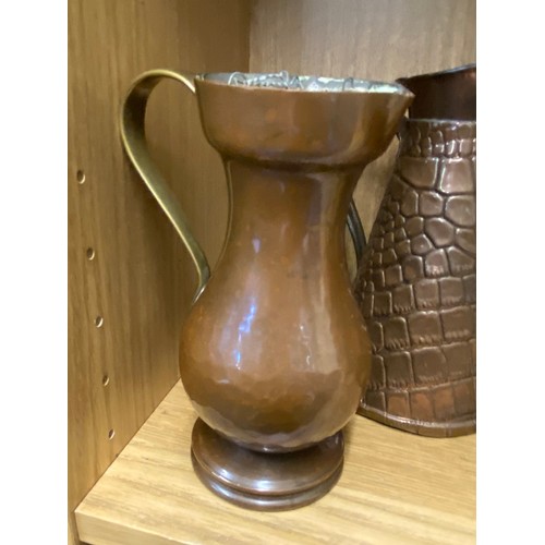 290 - ARTS AND CRAFTS BRASS SPIRIT KETTLE ON STAND, BEATEN COPPER BALUSTER JUG AND TAPERED SCALE EFFECT JU... 