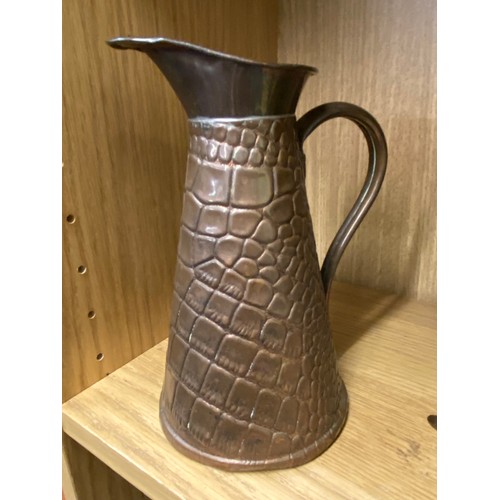 290 - ARTS AND CRAFTS BRASS SPIRIT KETTLE ON STAND, BEATEN COPPER BALUSTER JUG AND TAPERED SCALE EFFECT JU... 