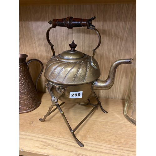 290 - ARTS AND CRAFTS BRASS SPIRIT KETTLE ON STAND, BEATEN COPPER BALUSTER JUG AND TAPERED SCALE EFFECT JU... 