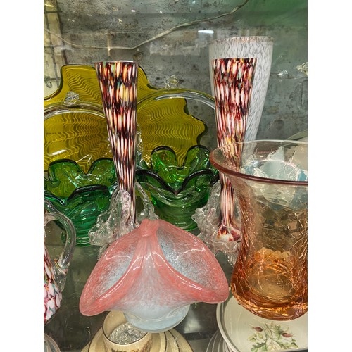 343 - SHELF OF GLASS PAPERWEIGHTS, HANDKERCHIEF VASES, BASKETS AND FISH FIGURE