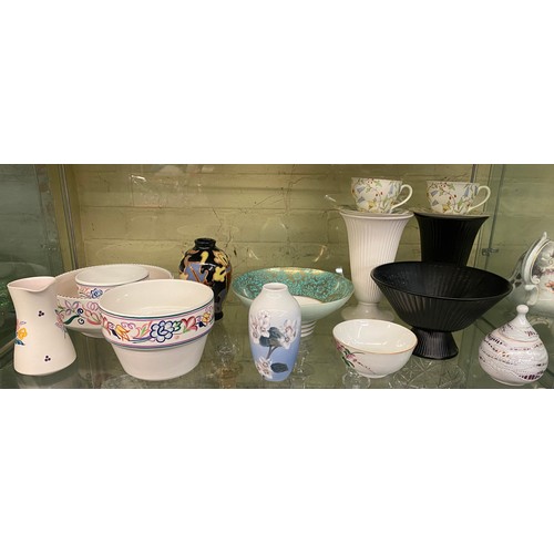 348 - POOLE POTTERY WARE, WEDGWOOD RIBBED BOWL AND VASES AND ROYAL COPENHAGEN BALUSTER FLORAL VASE