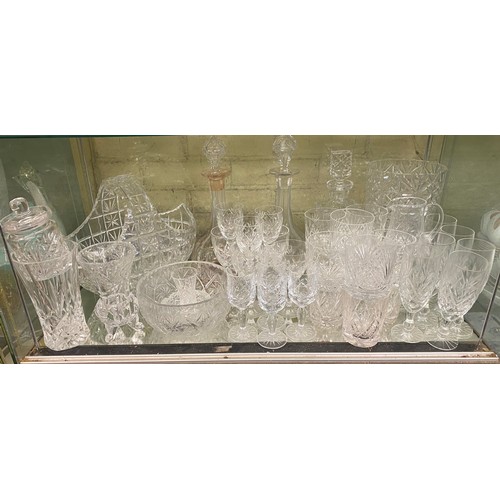 349 - PAIR OF DIMPLED GLOBE AND SHAFT DECANTERS, GOOD QUALITY CUT GLASS VASE, HEAVY BASKET AND BOWLS