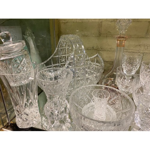 349 - PAIR OF DIMPLED GLOBE AND SHAFT DECANTERS, GOOD QUALITY CUT GLASS VASE, HEAVY BASKET AND BOWLS