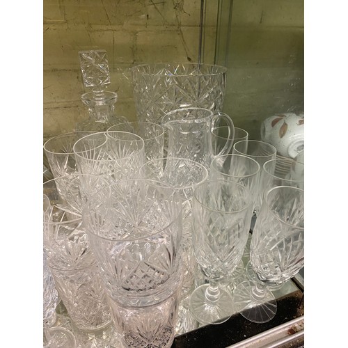 349 - PAIR OF DIMPLED GLOBE AND SHAFT DECANTERS, GOOD QUALITY CUT GLASS VASE, HEAVY BASKET AND BOWLS