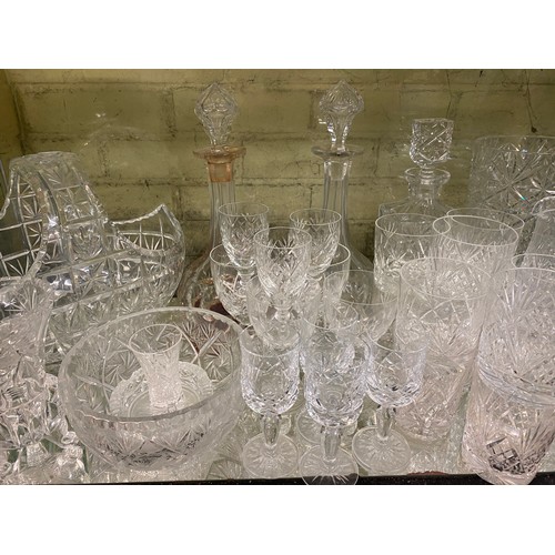 349 - PAIR OF DIMPLED GLOBE AND SHAFT DECANTERS, GOOD QUALITY CUT GLASS VASE, HEAVY BASKET AND BOWLS