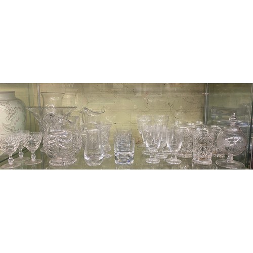 355 - SHELF OF CUT AND ETCHED GLASSWARES INC. KOSTA BODA TUMBLERS, VASE AND JUGS