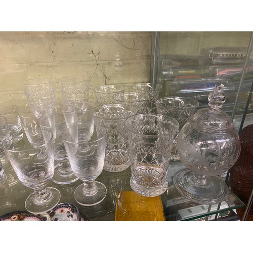 355 - SHELF OF CUT AND ETCHED GLASSWARES INC. KOSTA BODA TUMBLERS, VASE AND JUGS