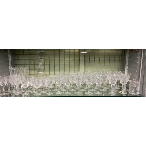 332 - SUITES OF WATERFORD CRYSTAL LISMORE PATTERN CUT GLASSWARE INC DECANTER, WINES, SHERRY AND FLUTES