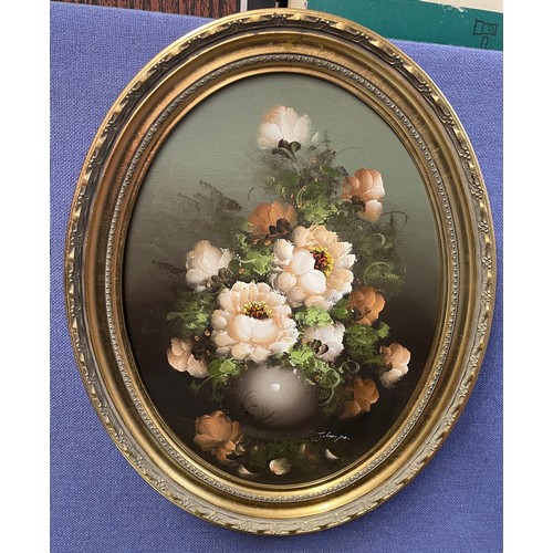 230 - OILS ON BOARD STILL LIFE BOWL OF FLOWERS IN OVAL GILDED FRAME