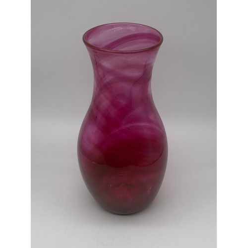 381 - MAGENTA SWIRL GLASS BALUSTER VASE