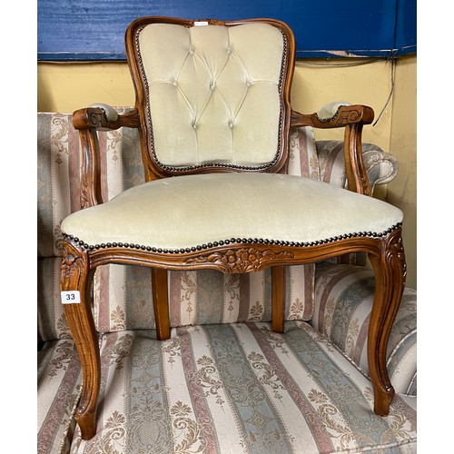 33 - REPRODUCTION FRENCH STYLE BUTTON BACKED ELBOW CHAIR