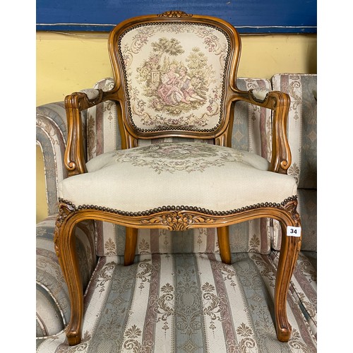 34 - FRENCH STYLE NEEDLE POINT UPHOLSTERED BACK ELBOW CHAIR