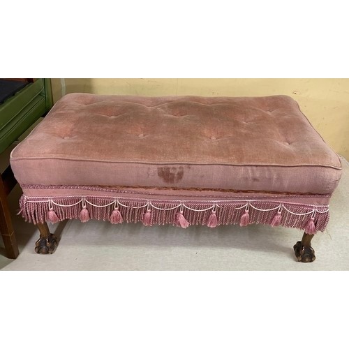 30 - PINK FRINGED UPHOLSTERED WINDOW STOOL ON CABRIOLE LEGS