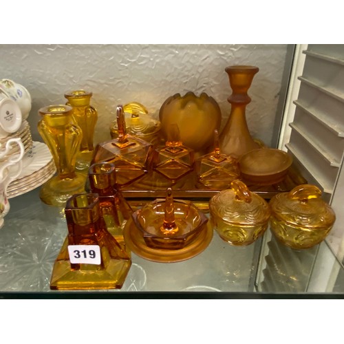 319 - PRESSED AMBER GLASS DRESSING TABLE SET AND SIMILAR PART SET