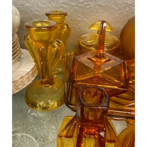 319 - PRESSED AMBER GLASS DRESSING TABLE SET AND SIMILAR PART SET