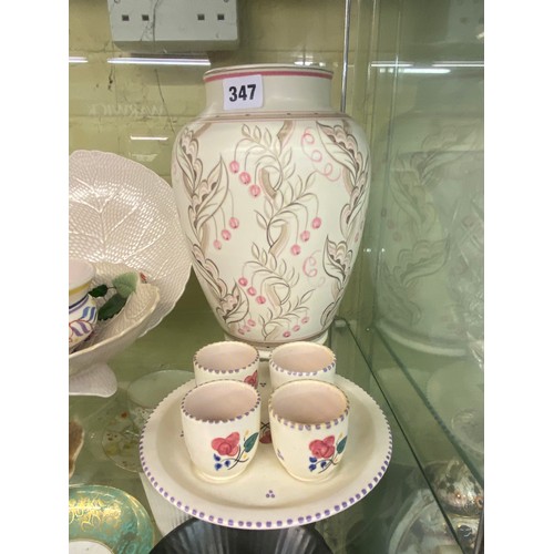 347 - POOLE HAND DECORATED VASE, EGG CUP CRUET, CROWN DEVON LEAF PATTERN WARES, AND SYLVAC RABBIT CENTRE P... 