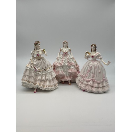 387 - THREE ROYAL WORCESTER FINE BONE CHINA FIGURES THE ROYAL DEBUT, MASQUERADE, AND THE FAIREST ROSE