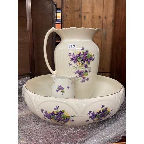 113 - STAFFORDSHIRE LILAC DECORATED WASH BASIN AND JUG