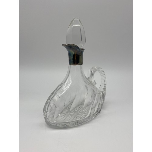 543 - COMPRESSED FLUTED CLARET JUG WITH STERLING SILVER COLLAR