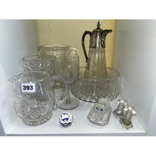 393 - SHELF - CUT GLASS BOWL AND LEMONADE JUG, ETCHED GOBLET AND CLARET JUG A/F, GLASS CUTLERY STRETCHERS