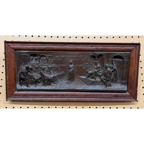 205 - COPPER RELIEF PANEL OF A 'TUDOR COURT' SCENE IN OAK FRAME