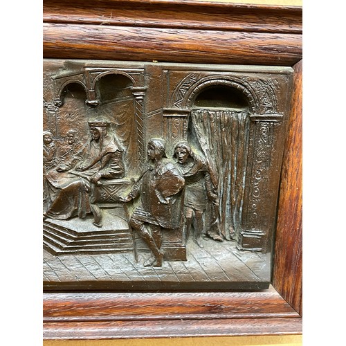 205 - COPPER RELIEF PANEL OF A 'TUDOR COURT' SCENE IN OAK FRAME