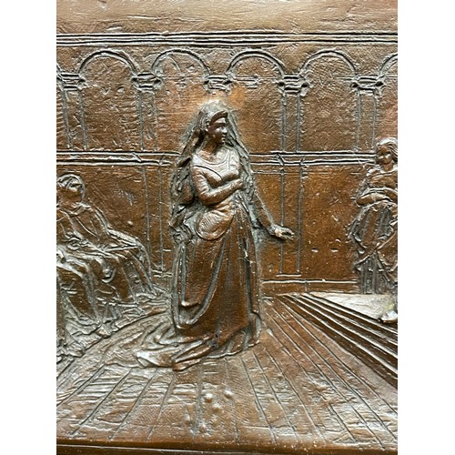 205 - COPPER RELIEF PANEL OF A 'TUDOR COURT' SCENE IN OAK FRAME