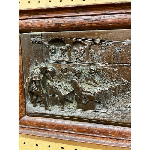 205 - COPPER RELIEF PANEL OF A 'TUDOR COURT' SCENE IN OAK FRAME