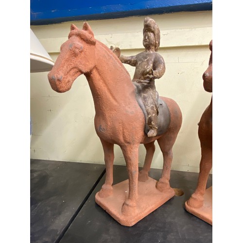 385 - THREE REPRODUCTION TERRACOTTA TANG DYNASTY STYLE CHINESE MUSICIAN FIGURES ON HORSE BACK