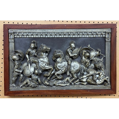 202 - SILVERED PATINATED PLASTER BAS RELIEF PLAQUE OF THE ROMAN BATTLE SCENE