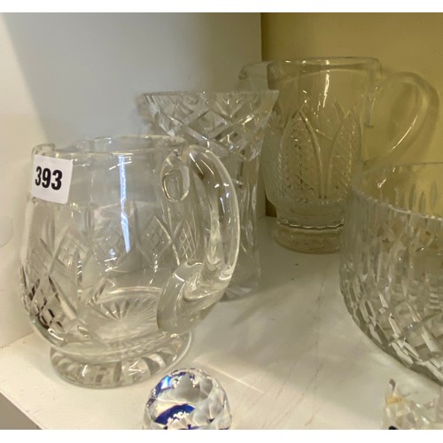 393 - SHELF - CUT GLASS BOWL AND LEMONADE JUG, ETCHED GOBLET AND CLARET JUG A/F, GLASS CUTLERY STRETCHERS