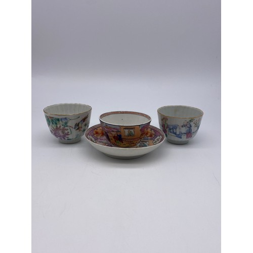 668 - TWO CHINESE RIBBED TEA BOWLS AND A CANTON FAMILLE ROSE MANDARIN TEABOWL AND SAUCER