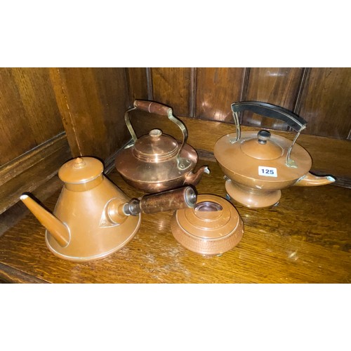 125 - ARTS AND CRAFT COPPER KETTLE, SUCRIER, HOT WATER JUG AND COMPRESSED KETTLE