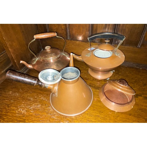 125 - ARTS AND CRAFT COPPER KETTLE, SUCRIER, HOT WATER JUG AND COMPRESSED KETTLE