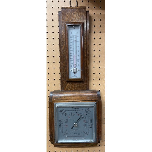 695 - OAK CASED BAROMETER THERMOMETER